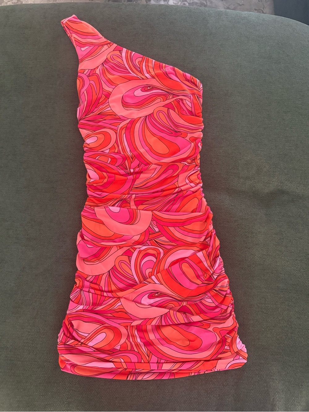 Olivaceous One-Shoulder Mini Dress in Pink and Orange Swirl